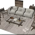 Plush Beige Sofa and Wooden Coffee Table Set with Rattan Chairs in Cozy Living Room