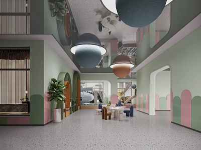 Pastel Toned Spacious Indoor Space With Pendant Lights And Greenery 3d model