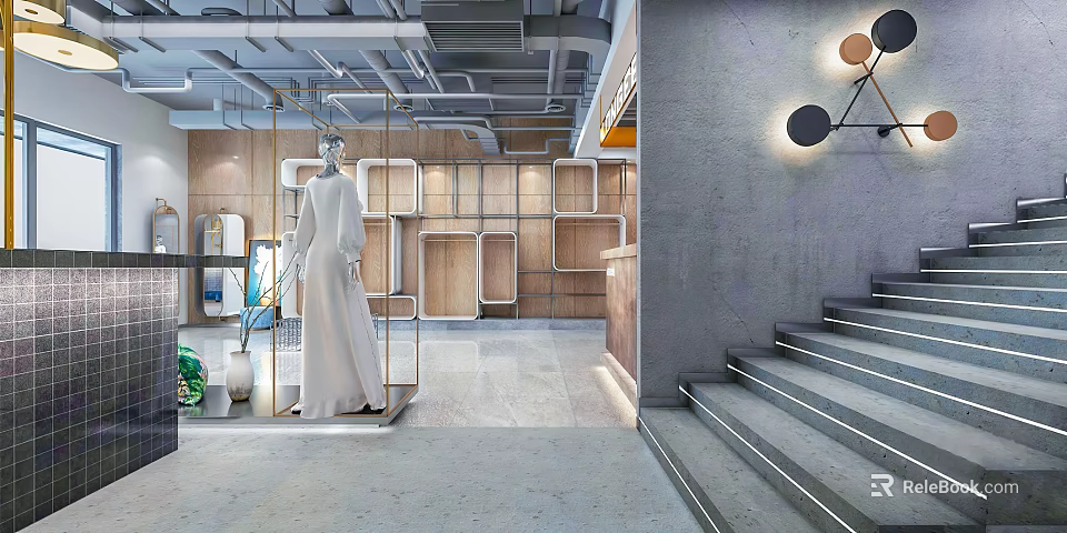 Modern Clothing Store Interior With Mannequin Display Wooden Shelves And Gray Walls Stairs 3d model 
