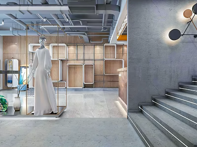 Modern Clothing Store Interior With Mannequin Display Wooden Shelves And Gray Walls Stairs 3d model