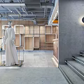 Modern Clothing Store Interior With Mannequin Display Wooden Shelves And Gray Walls Stairs