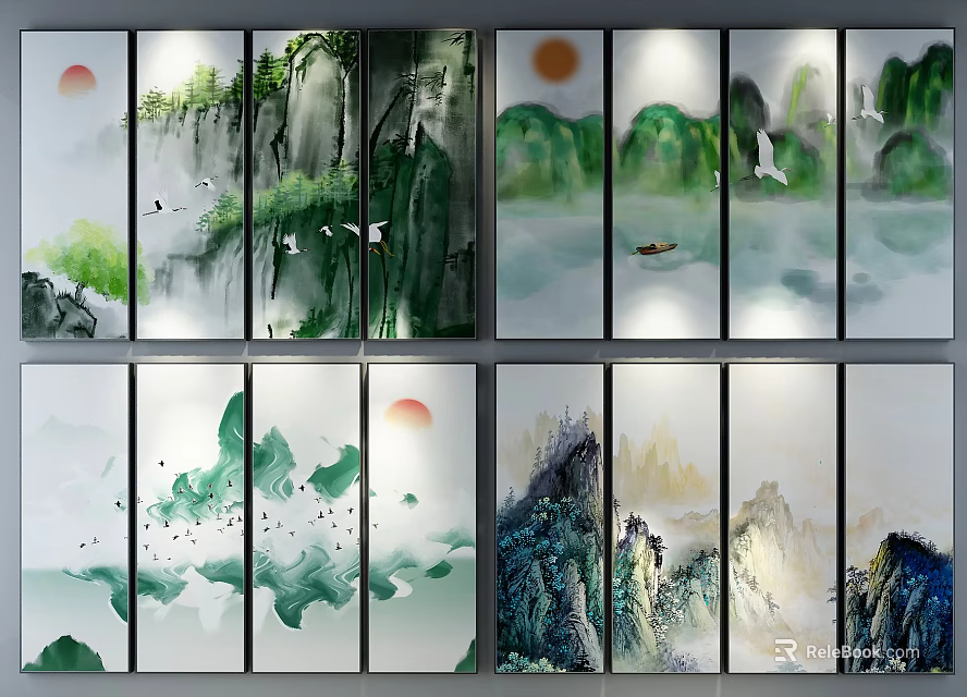 Chinese Ink Landscape Paintings Multi Panel With Mountains Water Sun Birds Small Boat 3d model 