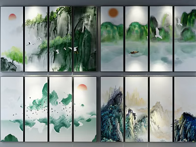 Chinese Ink Landscape Paintings Multi Panel With Mountains Water Sun Birds Small Boat 3d model