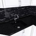 Modern Kitchen Interior With White Cabinets Glass Doors And Black Marble Backsplash