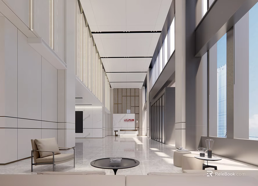 Modern Front Desk Reception Area With Seating And Natural Light 3d model