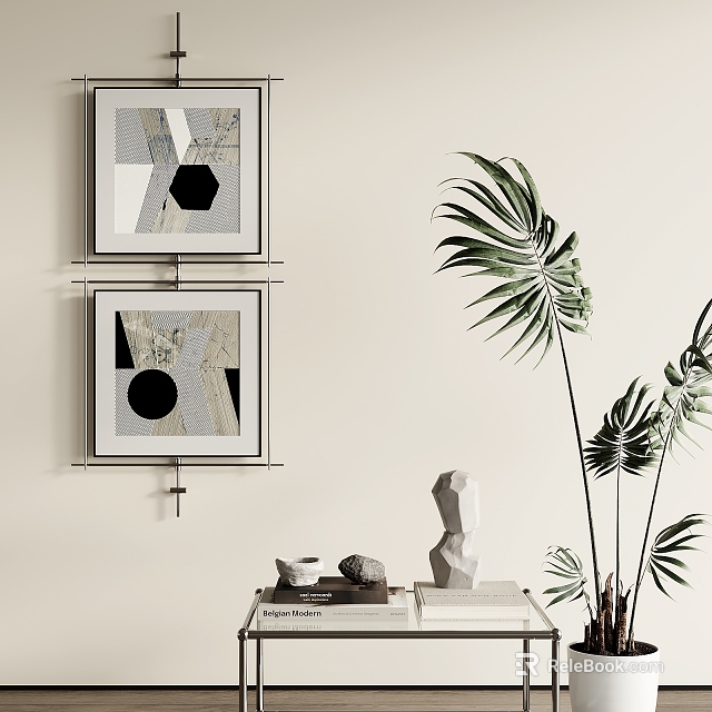 Two Abstract Paintings Hanging On Wall In Modern Interior With Green Plant And Decorative Sculpture 3d model 