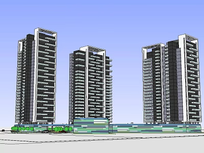 Three Modern High Rise Buildings With Green Base Structure And Contemporary Architectural Design 3d model