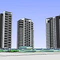 Three Modern High Rise Buildings With Green Base Structure And Contemporary Architectural Design