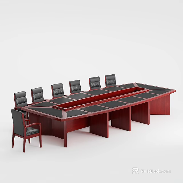 Wooden Rectangular Conference Table With Black Leather Chairs And Panel Surface 3d model