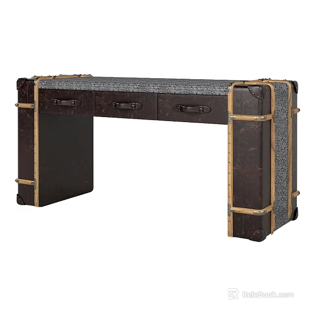 Vintage Brown Trunk Desk With Leather Straps And Storage Drawers For Retro Home Office 3d model 