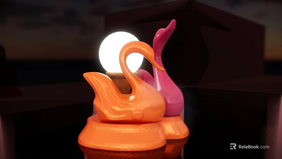 Orange And Pink Swan Shaped Table Lamps Illuminated On Dark Background 3d model 
