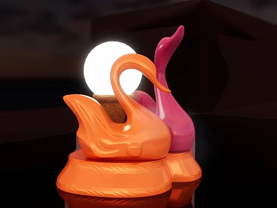 Orange And Pink Swan Shaped Table Lamps Illuminated On Dark Background 3d model