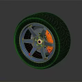 Car Tire With Blue Wheel Rim Orange Brake Caliper And Tread Pattern On Gray Background