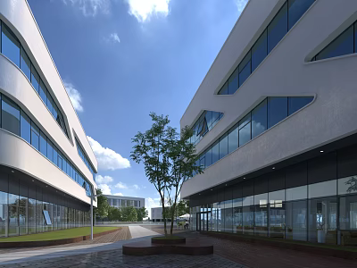 Modern Industrial Factory Building Featuring Glass Curtain Walls White Exterior And Courtyard Trees 3d model