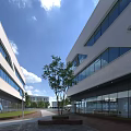 Modern Industrial Factory Building Featuring Glass Curtain Walls White Exterior And Courtyard Trees