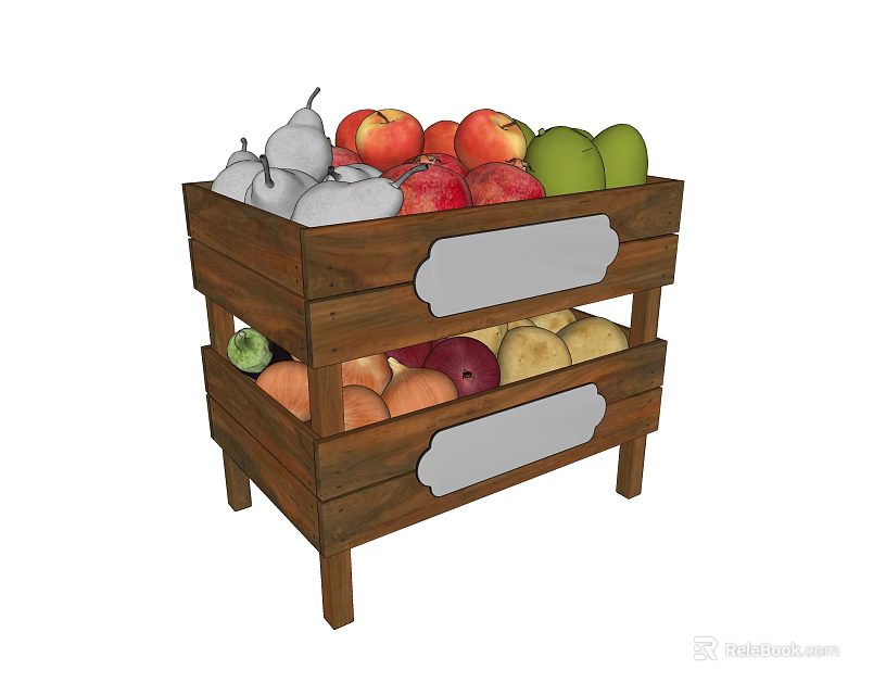 Two Tiered Wooden Fruit Stand Displaying Pears Apples Peaches And Various Fruits 3d model 