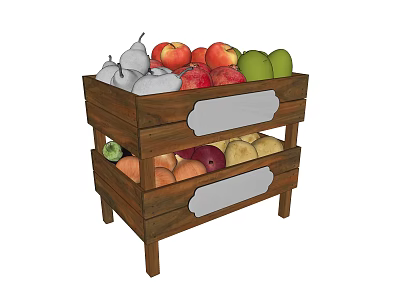 Two Tiered Wooden Fruit Stand Displaying Pears Apples Peaches And Various Fruits 3d model