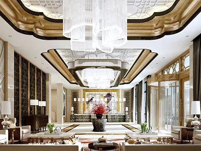 Elegant Hotel Lobby Interior With Crystal Chandelier Marble Floor Sofa Large Windows And Decorative Flowers 3d model