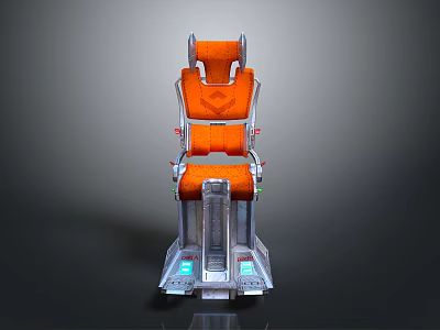 Futuristic Orange And Silver 3D Model Seat Featuring Glowing Blue Base And Armrests 3d model