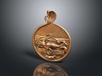 Elegant Gold Pendant Necklace With Intricate Swan Carving And Lotus Design 3d model