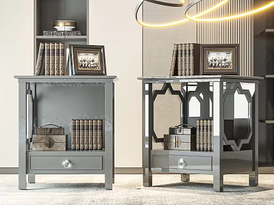 Pair of Modern Gray Bedside Tables With Framed Photos And Stacked Books 3d model
