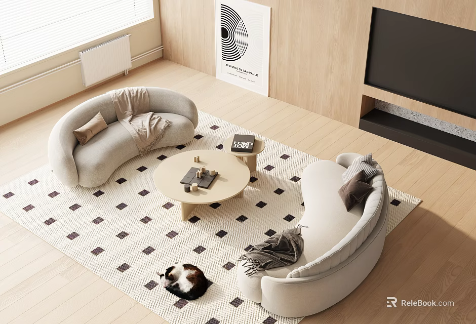 Modern Curved Sofa And Round Coffee Table Set With Black White Diamond Pattern Rug 3d model 