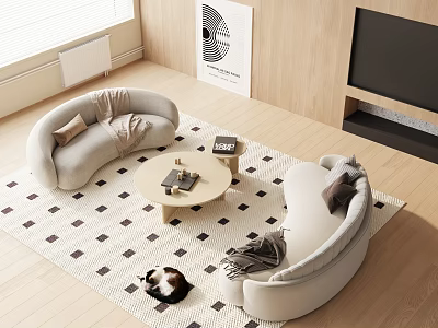 Modern Curved Sofa And Round Coffee Table Set With Black White Diamond Pattern Rug 3d model
