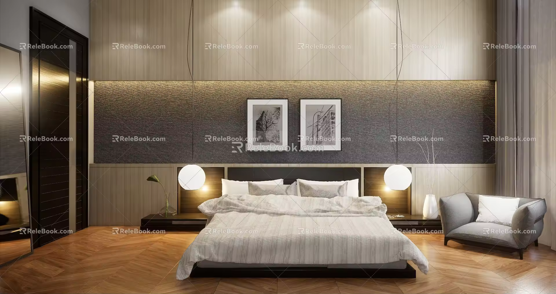 Modern background double bed background wall chandelier combination 3d model