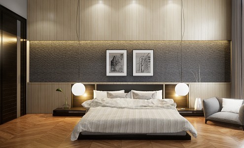 Modern background double bed background wall chandelier combination 3d model