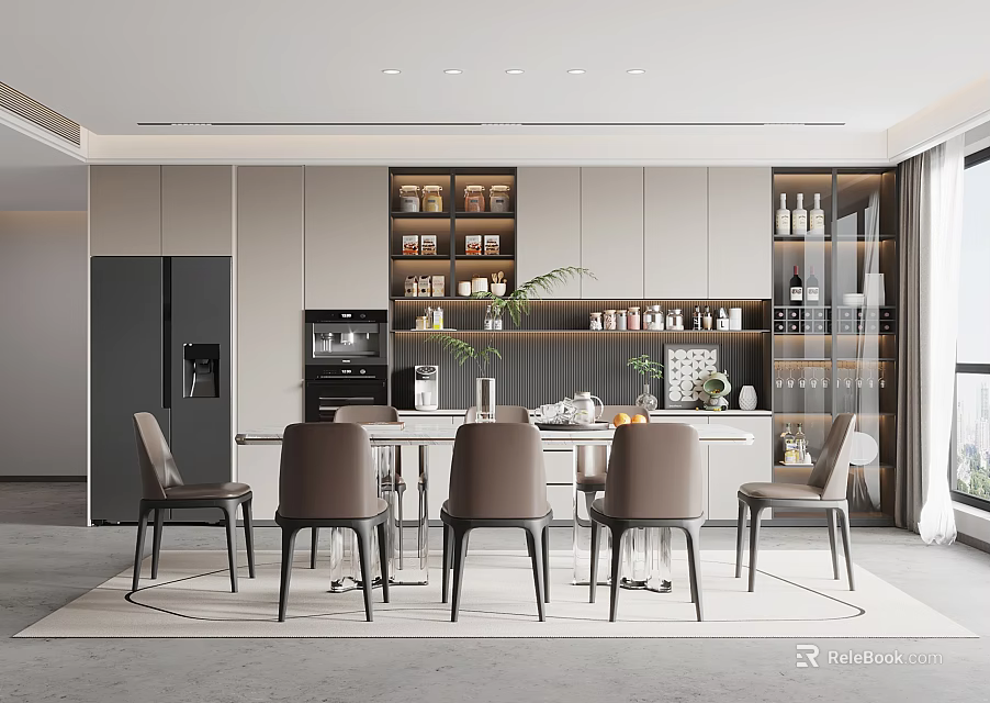 Modern Restaurant Interior With Dining Table Chairs Wine Shelves And Ambient Lighting 3d model 