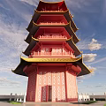 Five Story Traditional Chinese Pagoda Pink And Yellow With White Fence And Blue Sky Background