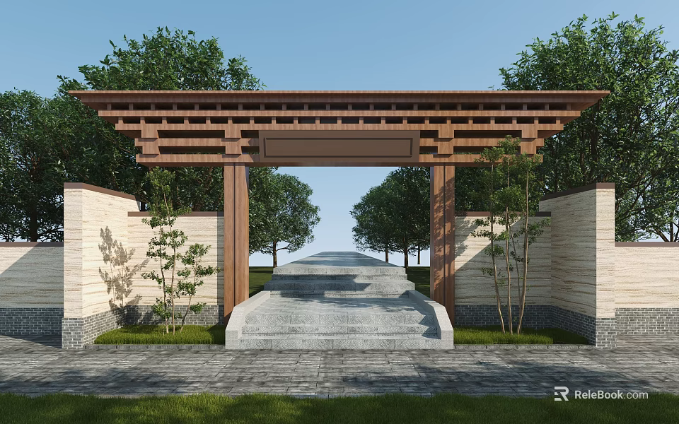 Traditional Entrance Gate With Wooden Structure Stone Walls Flagstone Path Surrounding Trees And Lawn 3d model 