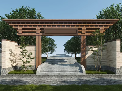 Traditional Entrance Gate With Wooden Structure Stone Walls Flagstone Path Surrounding Trees And Lawn 3d model