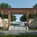 Traditional Entrance Gate With Wooden Structure Stone Walls Flagstone Path Surrounding Trees And Lawn