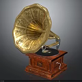Vintage Gramophone With Golden Horn Red Base And Decorative Patterns