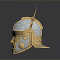 Ancient Warrior Character Wearing Spiked Golden Silver Helmet With Ornate Design