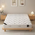 White Quilted Mattress on Wooden Bed Frame with Nightstand Table Lamp and Rug