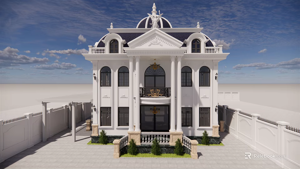 Elegant Detached Villa with White Exterior Classical Design Grand Columns and Black Front Door 3d model 