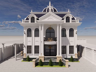 Elegant Detached Villa with White Exterior Classical Design Grand Columns and Black Front Door 3d model