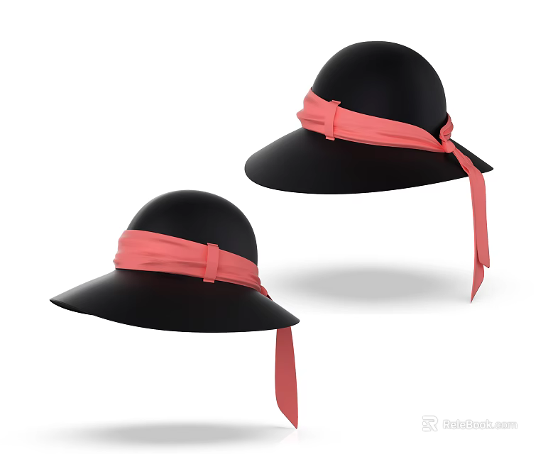 Two Black Wide Brimmed Hats With Pink Ribbon Ties And Classic Elegant Design 3d model 