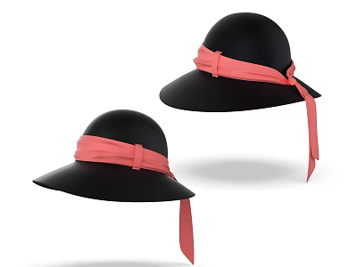 Two Black Wide Brimmed Hats With Pink Ribbon Ties And Classic Elegant Design 3d model