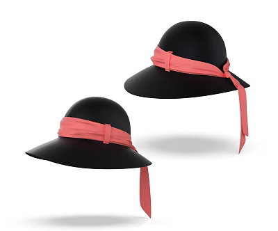 Two Black Wide Brimmed Hats With Pink Ribbon Ties And Classic Elegant Design 3d model
