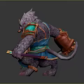 Game Fantasy Ape Warrior Character With Purple Fur Ornate Blue Red Armor And Sword