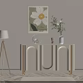 White Decorative Console Cabinet With Gold Legs Floral Wall Art And Wooden Floor Lamp