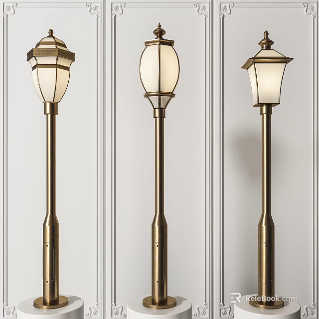 Traditional Style Outdoor Lights With Three Metal Poles And Decorative Glass Shades 3d model 