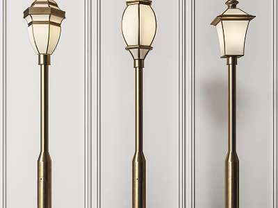 Traditional Style Outdoor Lights With Three Metal Poles And Decorative Glass Shades 3d model