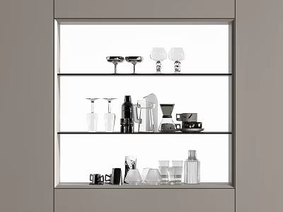 Stylish Tableware Set With Wine Glasses Coffee Pot And Cups On Display Shelf 3d model
