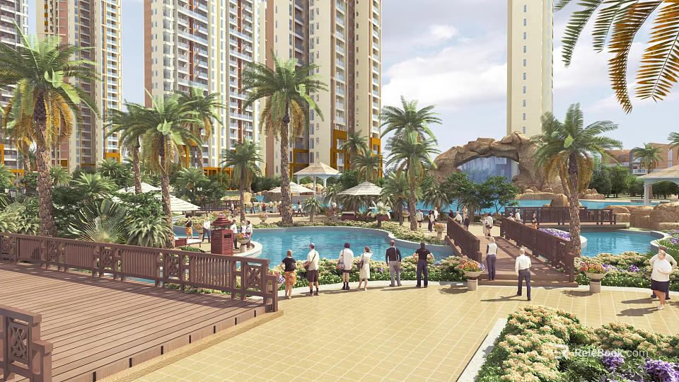 Modern High Rise Residential Landscape Featuring Palm Trees Swimming Pool And Wooden Deck Recreation Area 3d model 