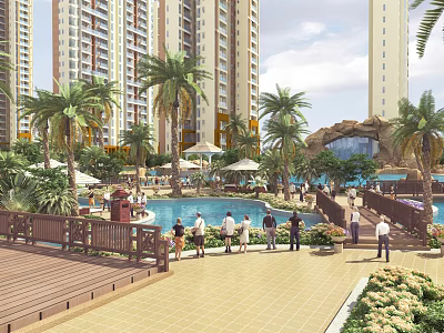 Modern High Rise Residential Landscape Featuring Palm Trees Swimming Pool And Wooden Deck Recreation Area 3d model