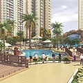 Modern High Rise Residential Landscape Featuring Palm Trees Swimming Pool And Wooden Deck Recreation Area